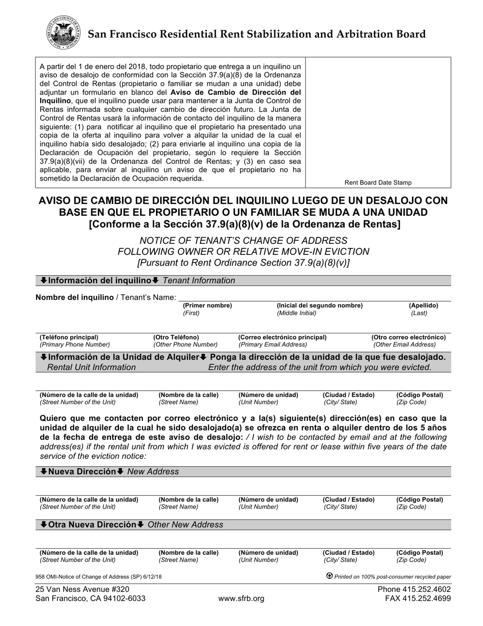 Form 958 Notice of Tenants Change of Address Following Owner or Relative Move-In Eviction - City and County of San Francisco, California (English / Spanish), Page 1