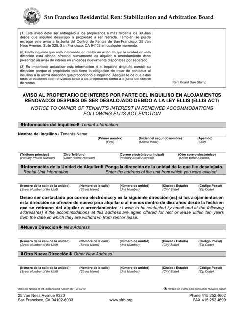 Form 968 Notice to Owner of Tenant's Interest in Renewed Accommodations Following Ellis Act Eviction - City and County of San Francisco, California (English/Spanish)