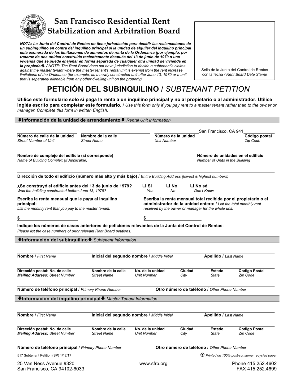 Form 517 Subtenant Petition - City and County of San Francisco, California (English / Spanish), Page 1