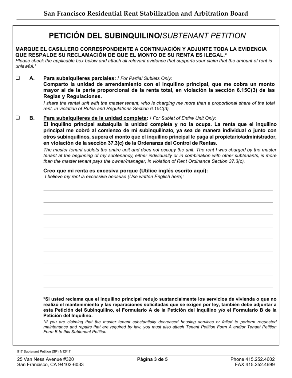 Form 517 Subtenant Petition - City and County of San Francisco, California (English / Spanish), Page 3