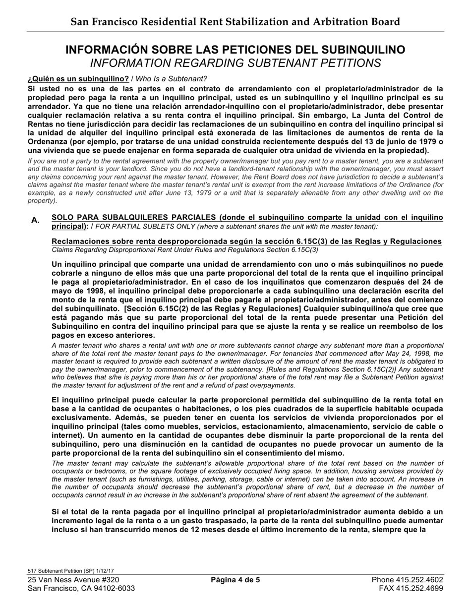 Form 517 Subtenant Petition - City and County of San Francisco, California (English / Spanish), Page 4