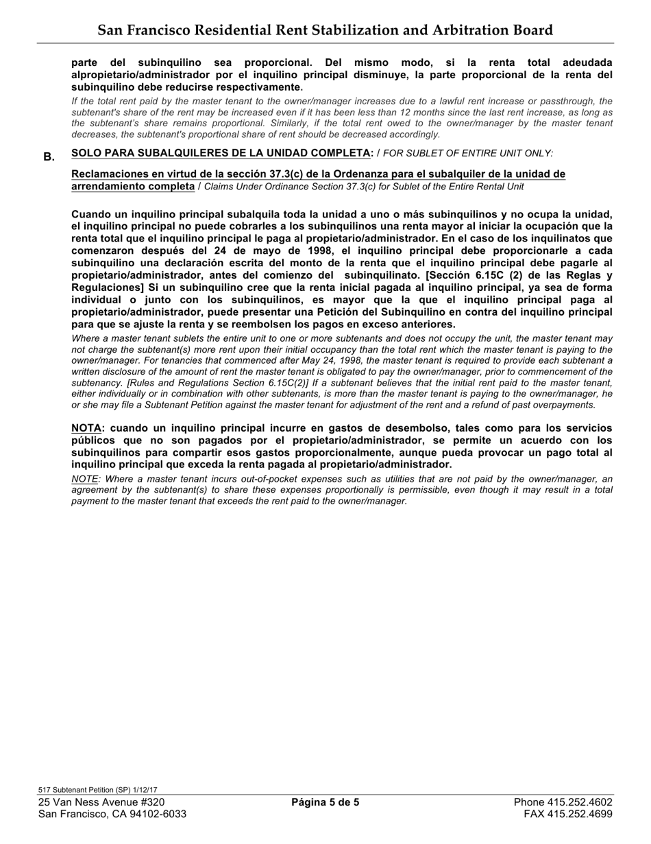 Form 517 Subtenant Petition - City and County of San Francisco, California (English / Spanish), Page 5