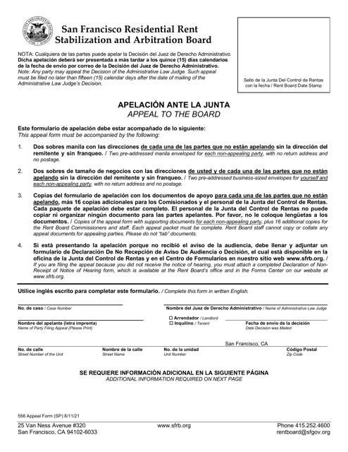 Form 556 Appeal to the Board - City and County of San Francisco, California (English/Spanish)