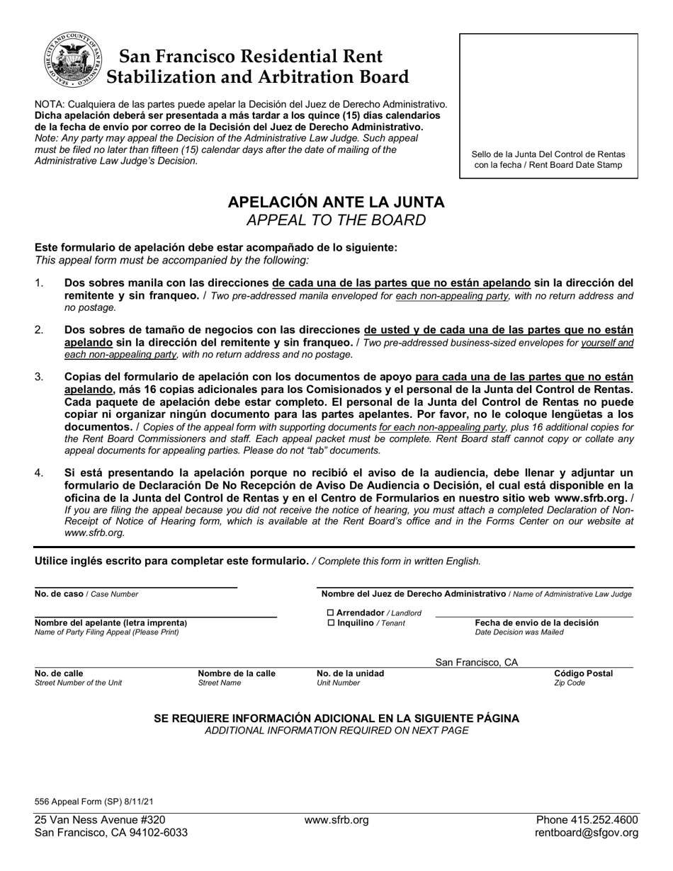 Form 556 Appeal to the Board - City and County of San Francisco, California (English / Spanish), Page 1