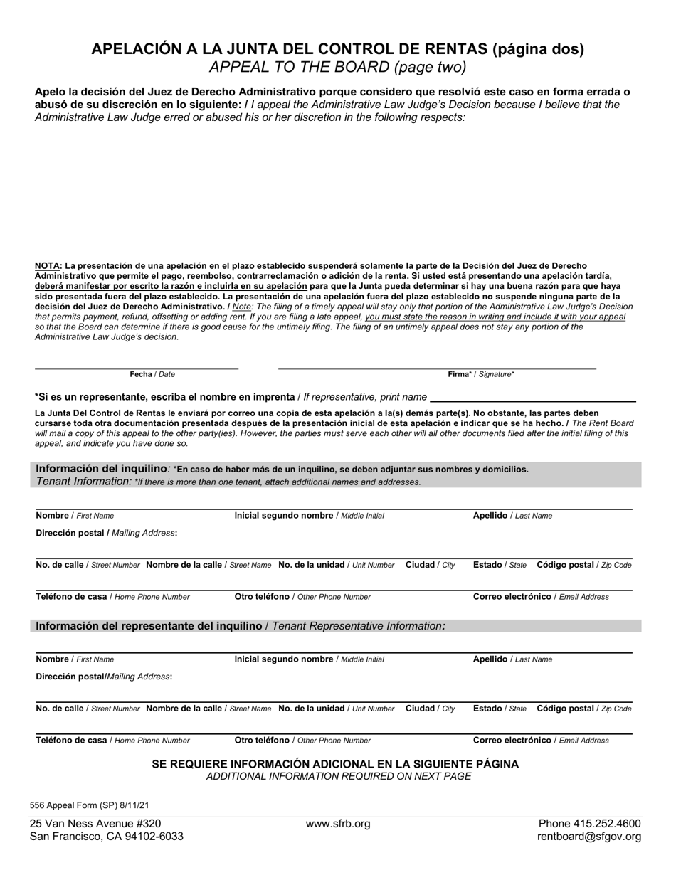 Form 556 Appeal to the Board - City and County of San Francisco, California (English / Spanish), Page 2
