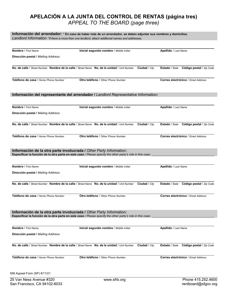 Form 556 Appeal to the Board - City and County of San Francisco, California (English / Spanish), Page 3