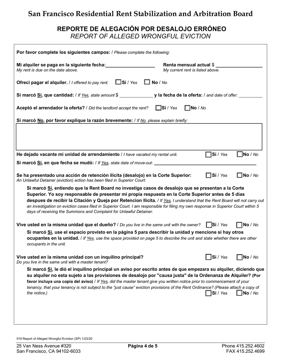 Form 519 Report of Alleged Wrongful Eviction - City and County of San Francisco, California (English / Spanish), Page 4