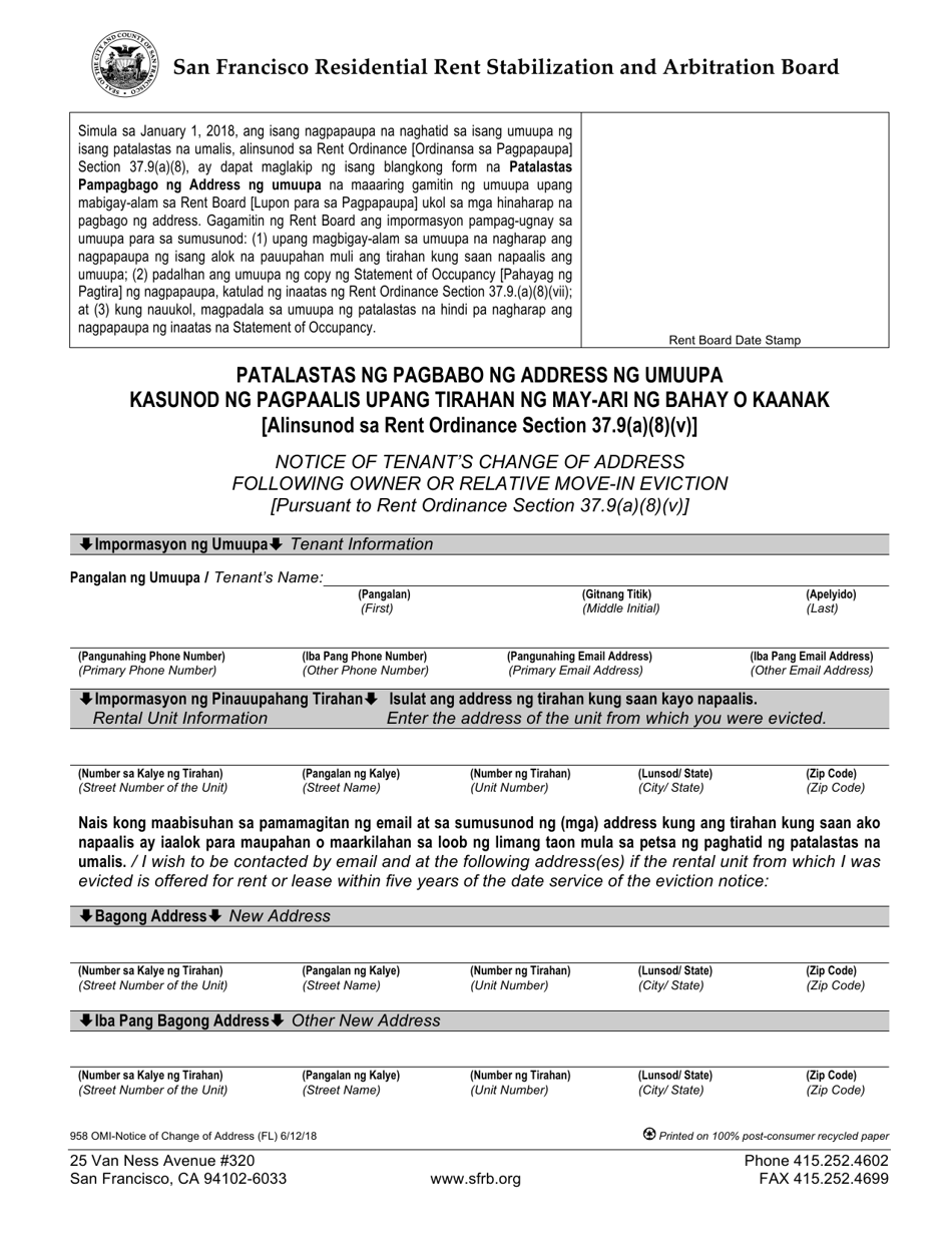 Form 958 Notice of Tenants Change of Address Following Owner or Relative Move-In Eviction - City and County of San Francisco, California (English / Filipino), Page 1
