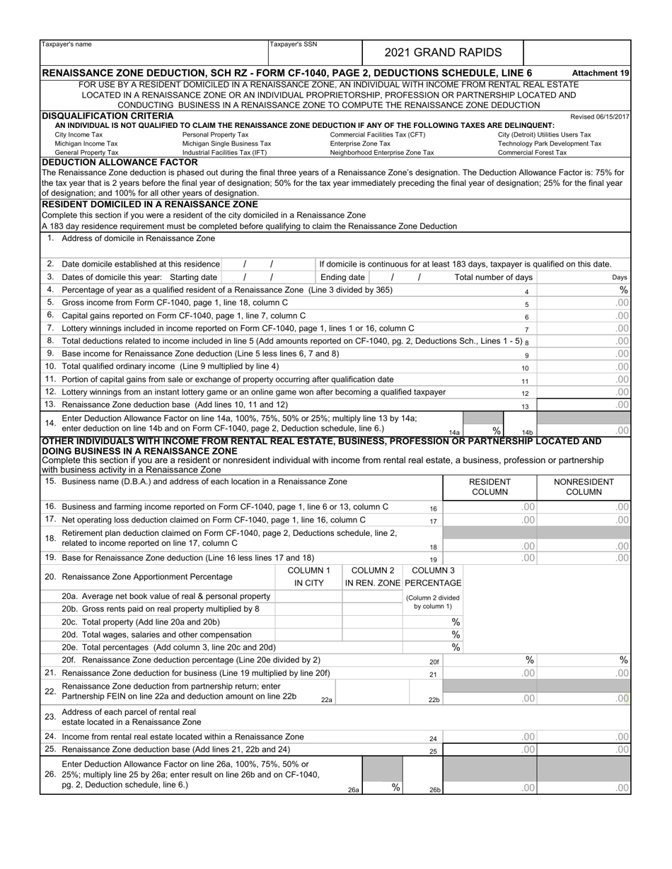 Form CF-1040 Schedule RZ Renaissance Zone Deduction - City of Grand Rapids, Michigan, Page 1