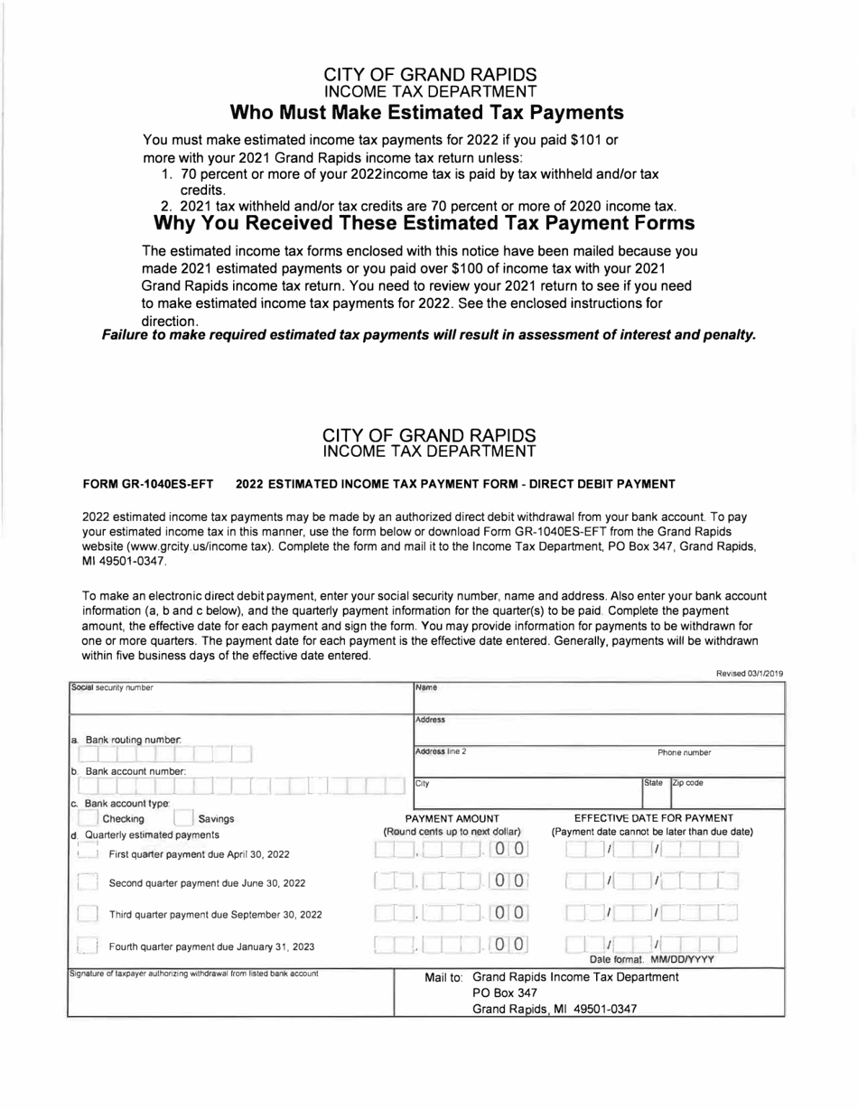 Form GR-1040ES-EFT Estimated Income Tax Payment Form - Direct Debit Payment - City of Grand Rapids, Michigan, Page 1