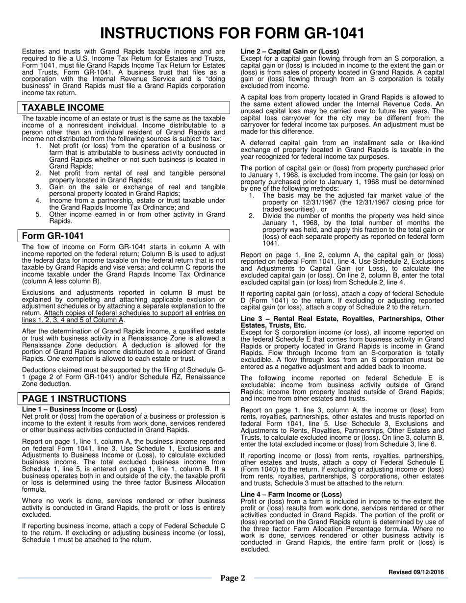 Form GR-1041 Income Tax Return for Estates and Trusts - City of Grand Rapids, Michigan, Page 2
