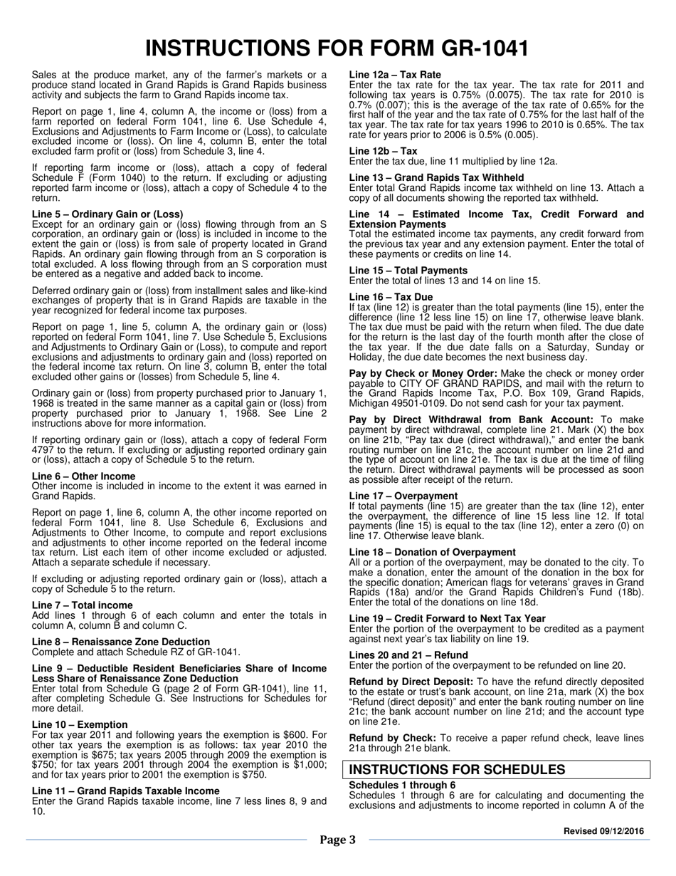 Form GR-1041 Income Tax Return for Estates and Trusts - City of Grand Rapids, Michigan, Page 3