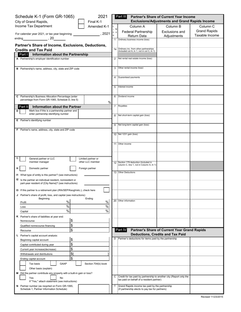 Form GR-1065 Schedule K-1 2021 Printable Pdf