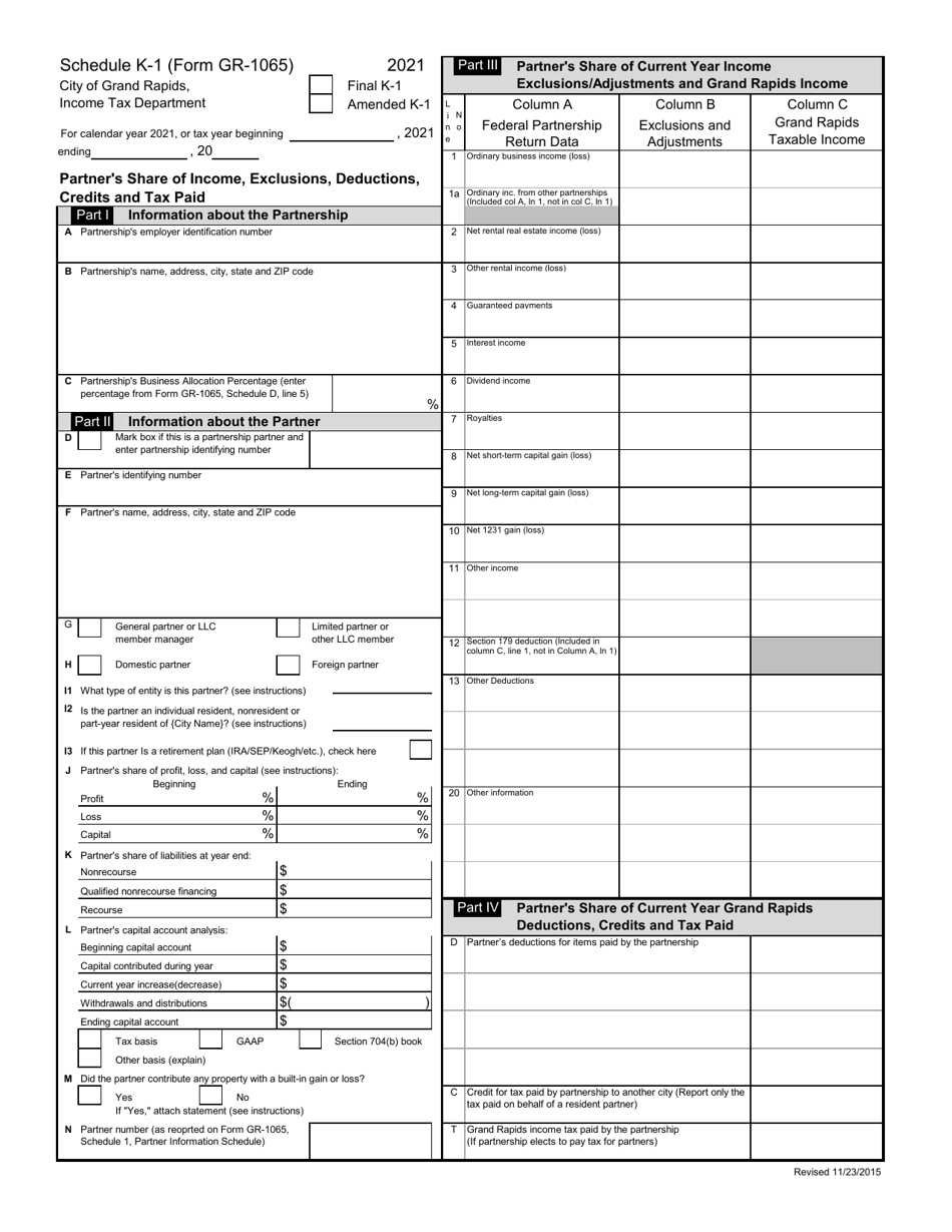 Form GR-1065 Schedule K-1 Partners Share of Current Year Income - Exclusions / Adjustments and Grand Rapids Income - City of Grand Rapids, Michigan, Page 1