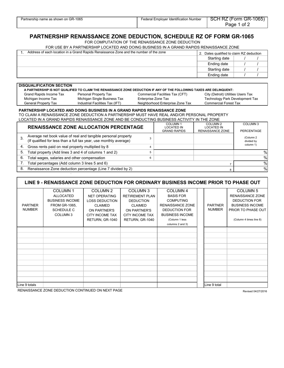 Form GR-1065 Schedule RZ Partnership Renaissance Zone Deduction - City of Grand Rapids, Michigan, Page 3