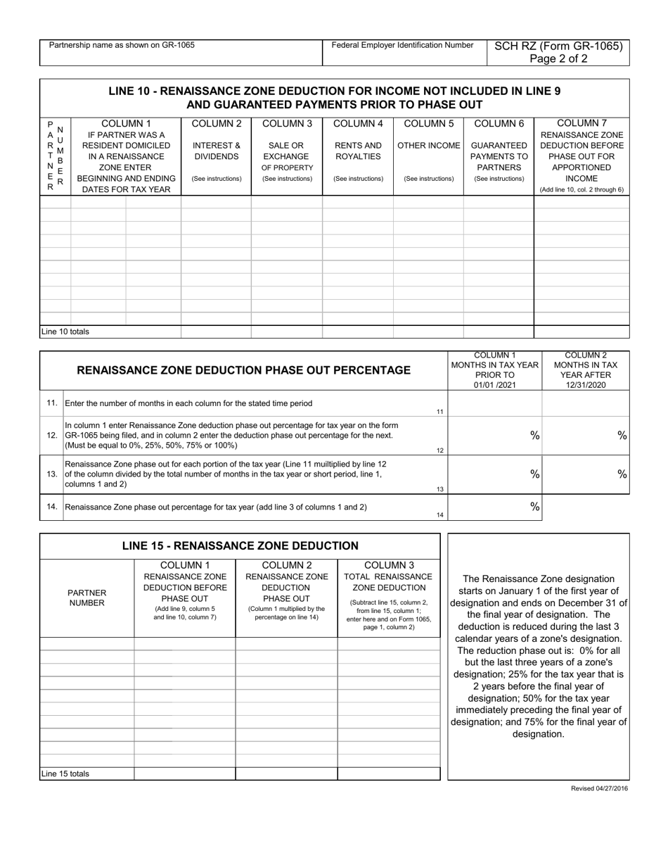 Form GR-1065 Schedule RZ Partnership Renaissance Zone Deduction - City of Grand Rapids, Michigan, Page 4