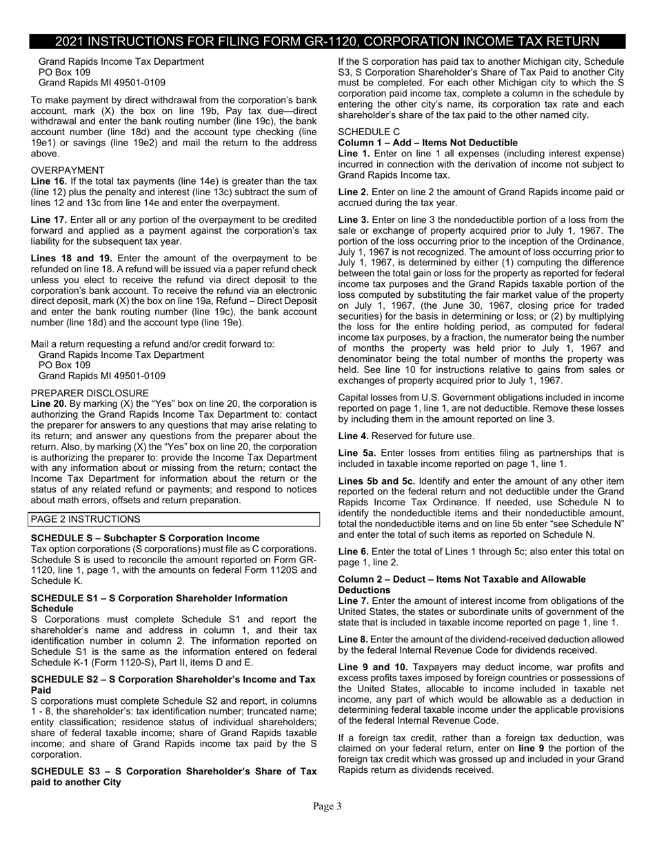 Form GR-1120 Corporation Income Tax Return - City of Grand Rapids, Michigan, Page 3