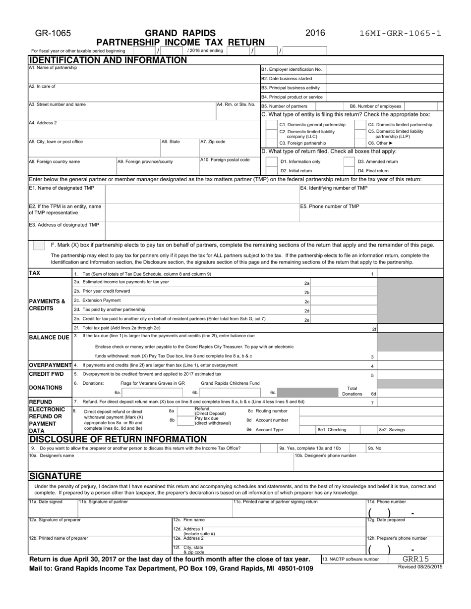 Form GR-1065 Partnership Income Tax Return - City of Grand Rapids, Michigan, Page 1
