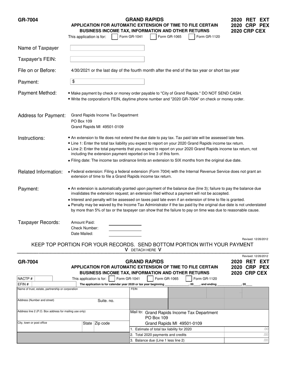 Form GR-7004 Corporate Extension Application - City of Grand Rapids, Michigan, Page 1
