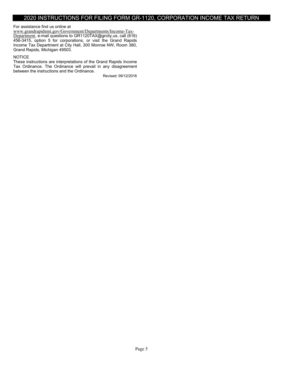 Form GR-1120 Corporation Income Tax Return - City of Grand Rapids, Michigan, Page 5