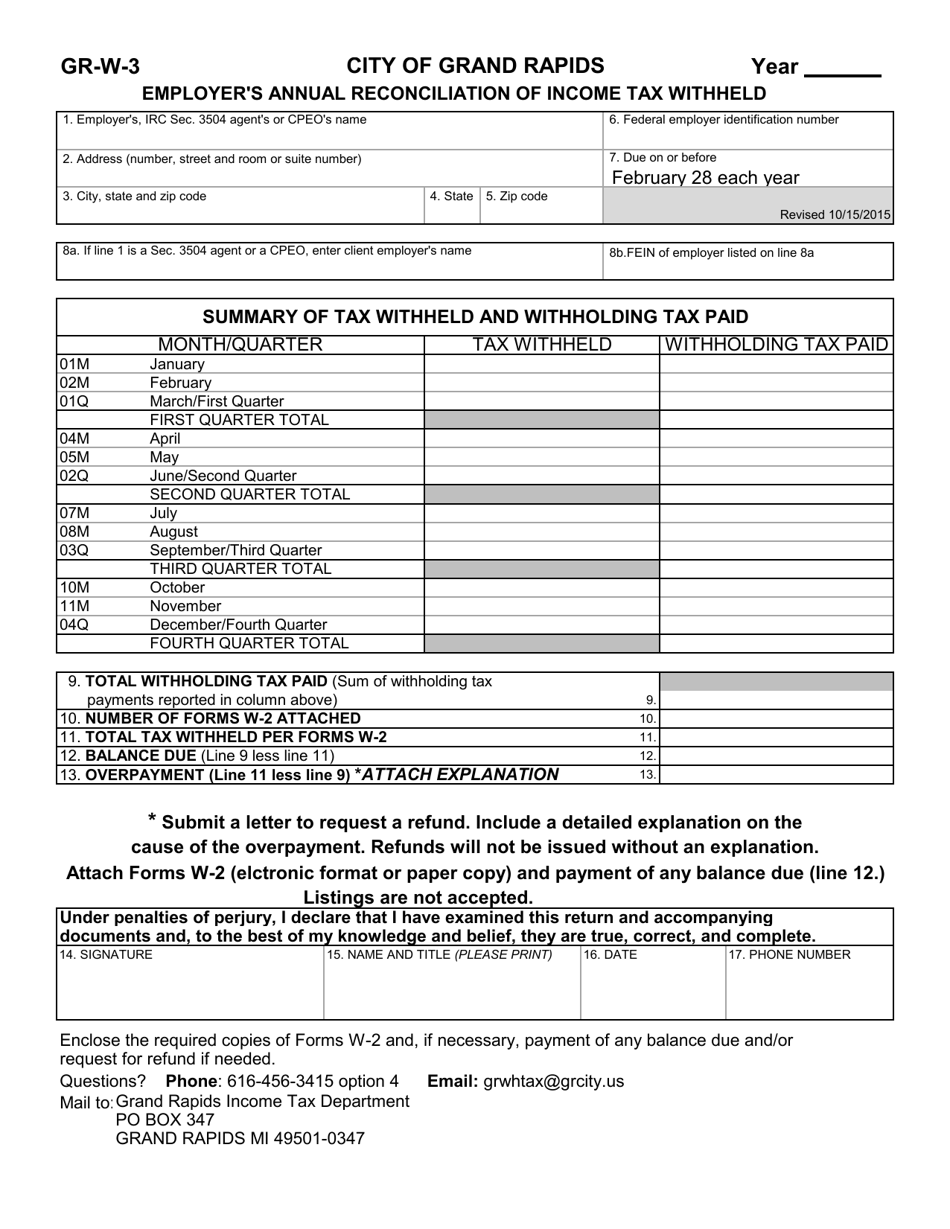 Form GR-W-3 Employers Annual Reconciliation of Income Tax Withheld - City of Grand Rapids, Michigan, Page 1