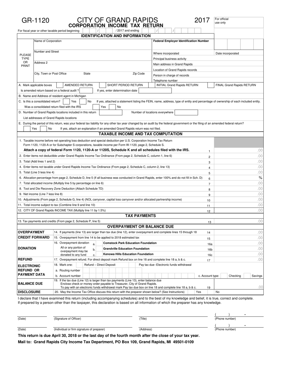 Form GR-1120 Corporation Income Tax Return - City of Grand Rapids, Michigan, Page 1