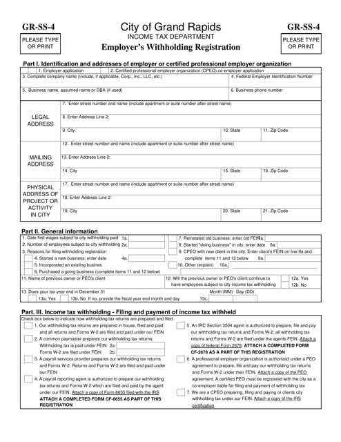 Form GR-SS-4 Employer's Withholding Registration - City of Grand Rapids, Michigan