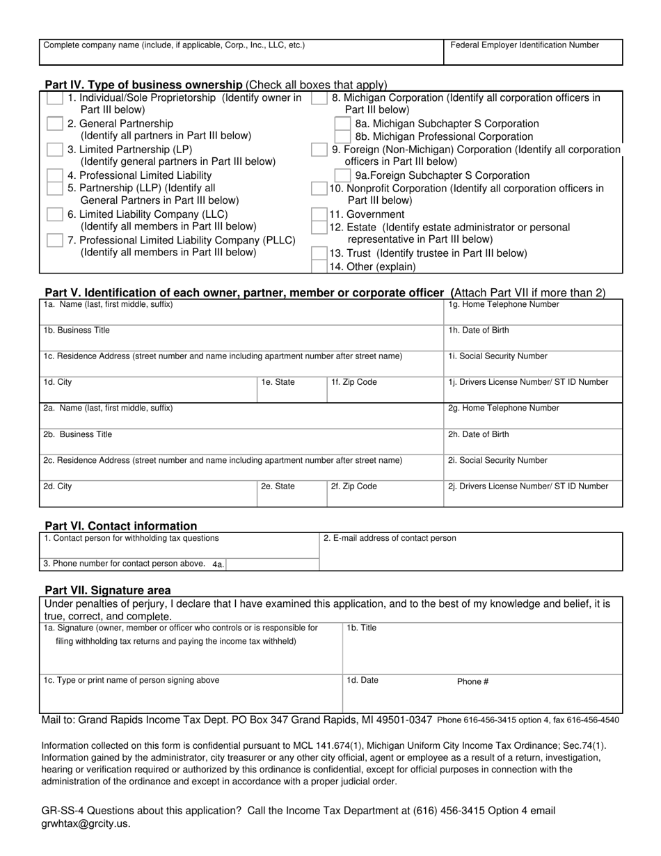 Form GR-SS-4 Employers Withholding Registration - City of Grand Rapids, Michigan, Page 2