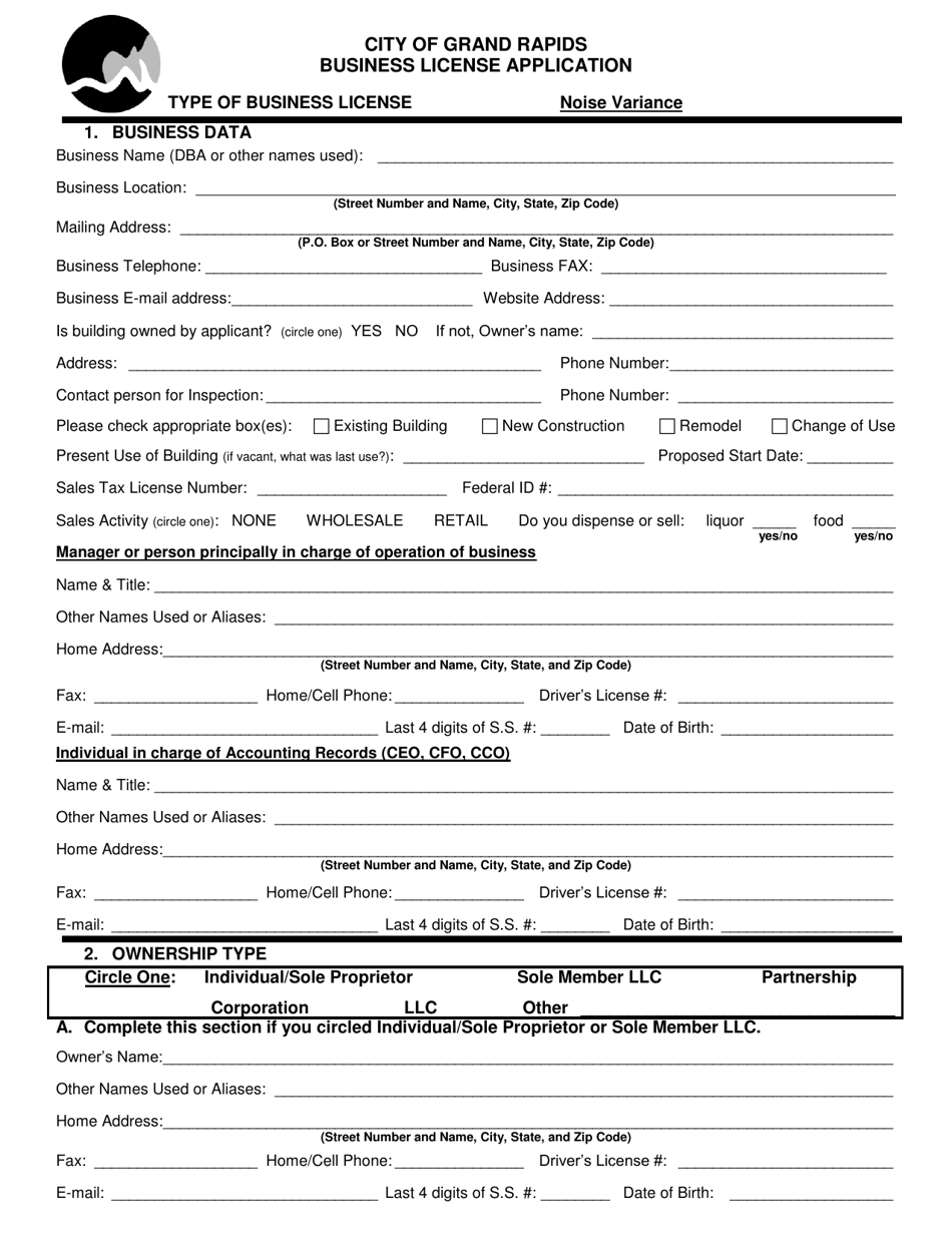 Business License Application - Noise Variance - City of Grand Rapids, Michigan, Page 1