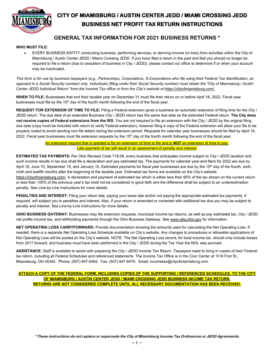 Business Net Profit Tax Return - City of Miamisburg, Ohio, Page 3