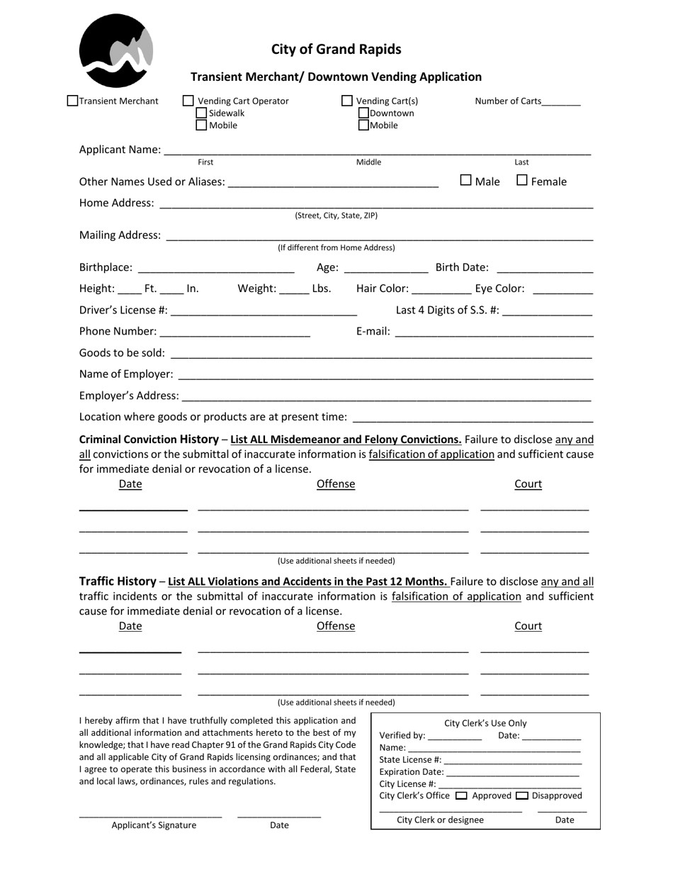 Transient Merchant / Downtown Vending Application - City of Grand Rapids, Michigan, Page 1