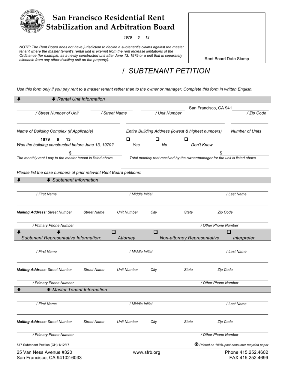 Form 517 Subtenant Petition - City and County of San Francisco, California (English / Chinese), Page 1