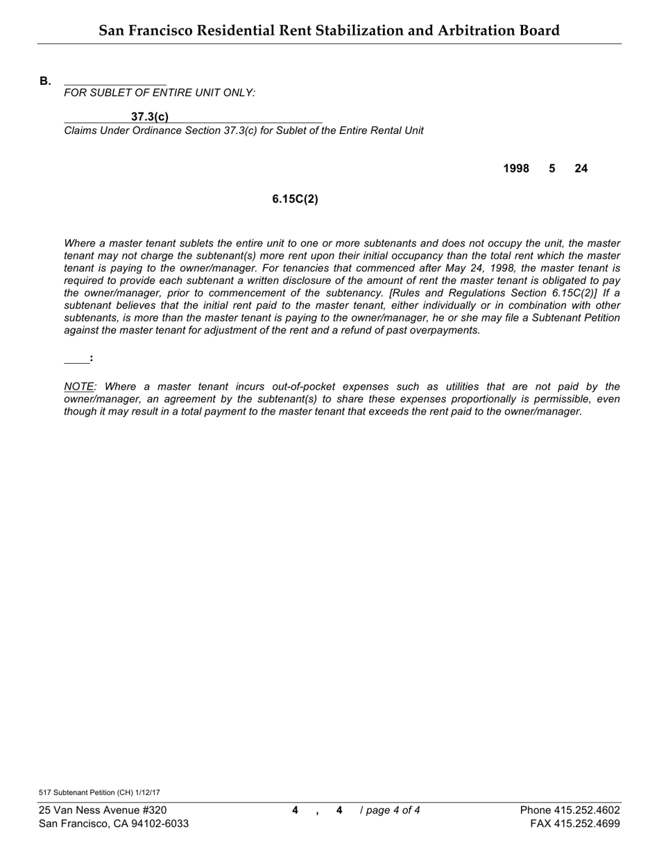 Form 517 Subtenant Petition - City and County of San Francisco, California (English / Chinese), Page 4