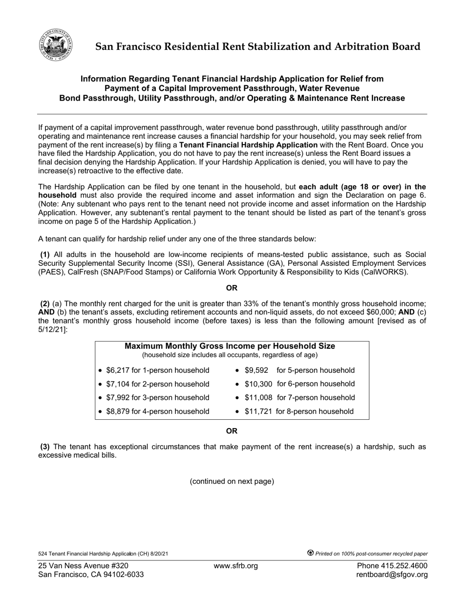 Form 524 Tenant Financial Hardship Application - City and County of San Francisco, California (English / Chinese), Page 3
