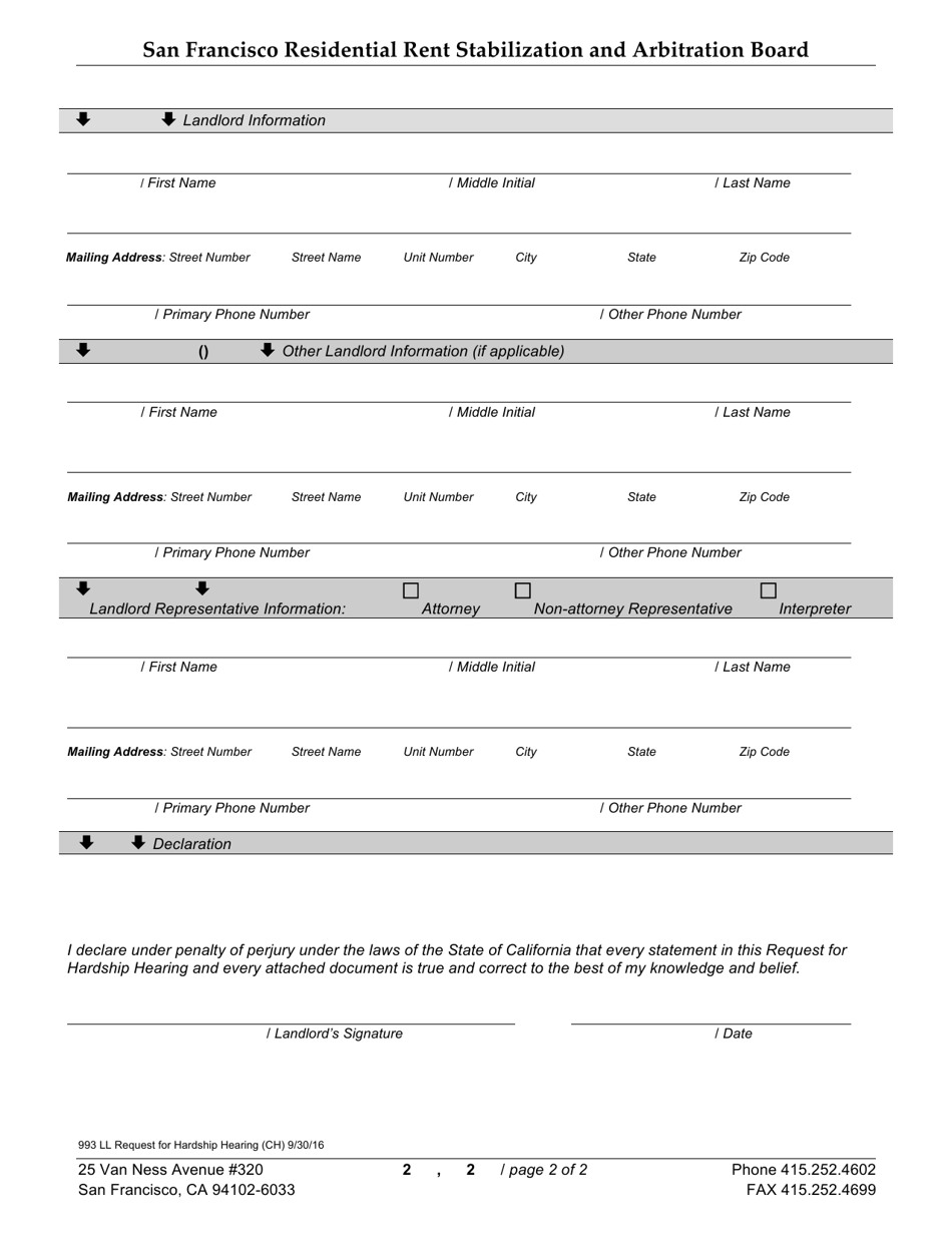 Form 993 Request for Hardship Hearing - City and County of San Francisco, California (English / Chinese), Page 2