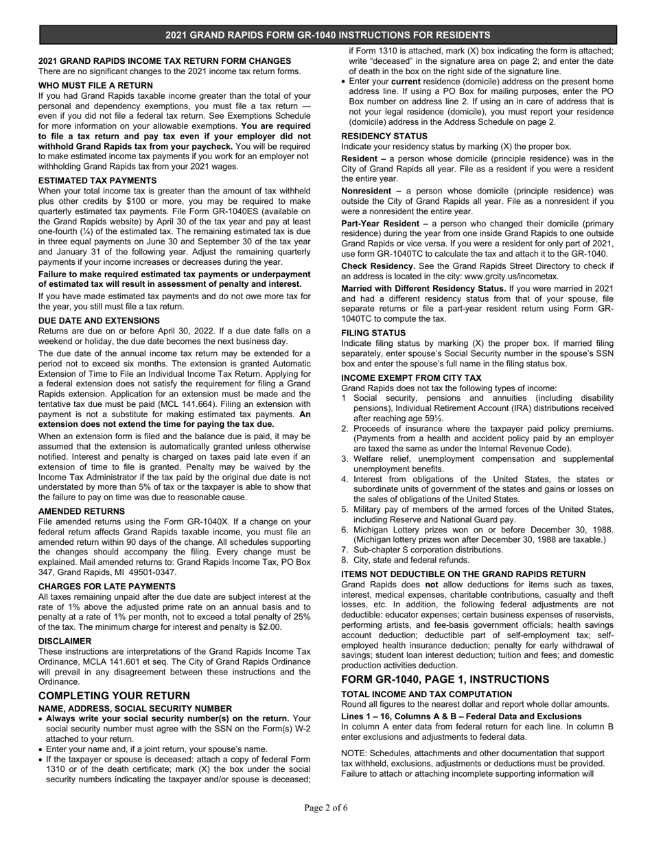 Form GR-1040R Individual Income Tax Return - Resident - City of Grand Rapids, Michigan, Page 2