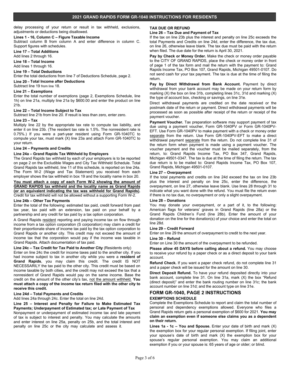 Form GR-1040R Individual Income Tax Return - Resident - City of Grand Rapids, Michigan, Page 3