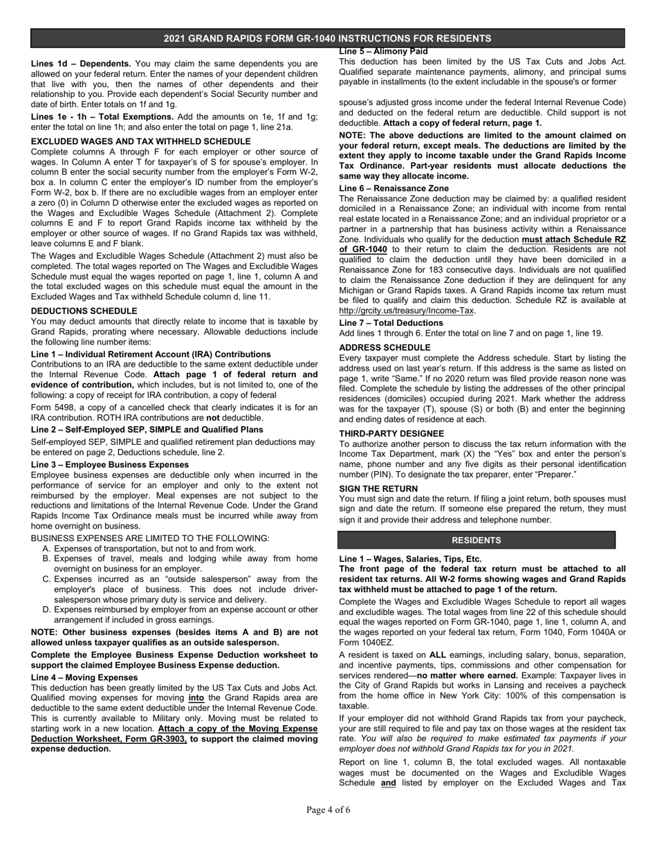 Form GR-1040R Individual Income Tax Return - Resident - City of Grand Rapids, Michigan, Page 4