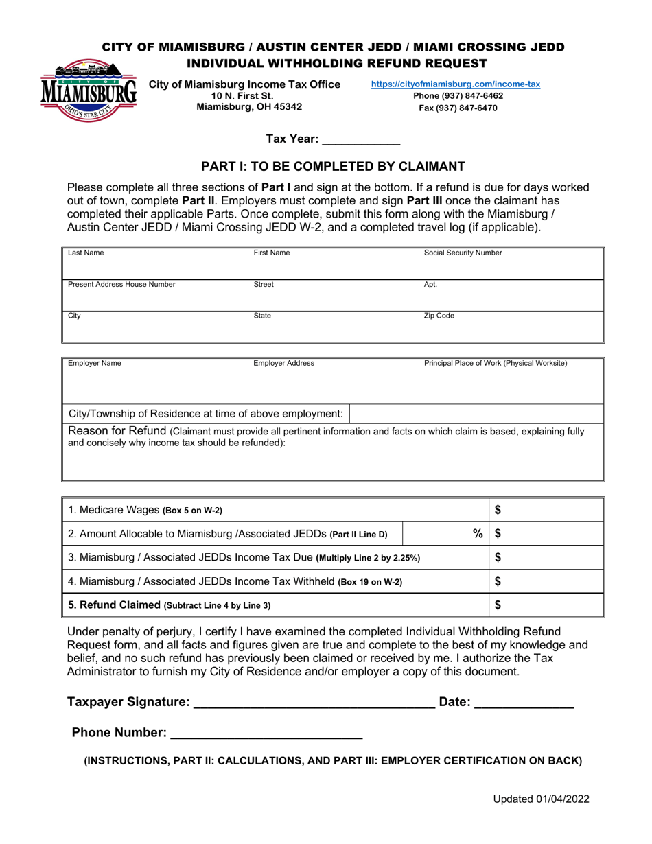 Individual Withholding Refund Request - City of Miamisburg, Ohio, Page 1
