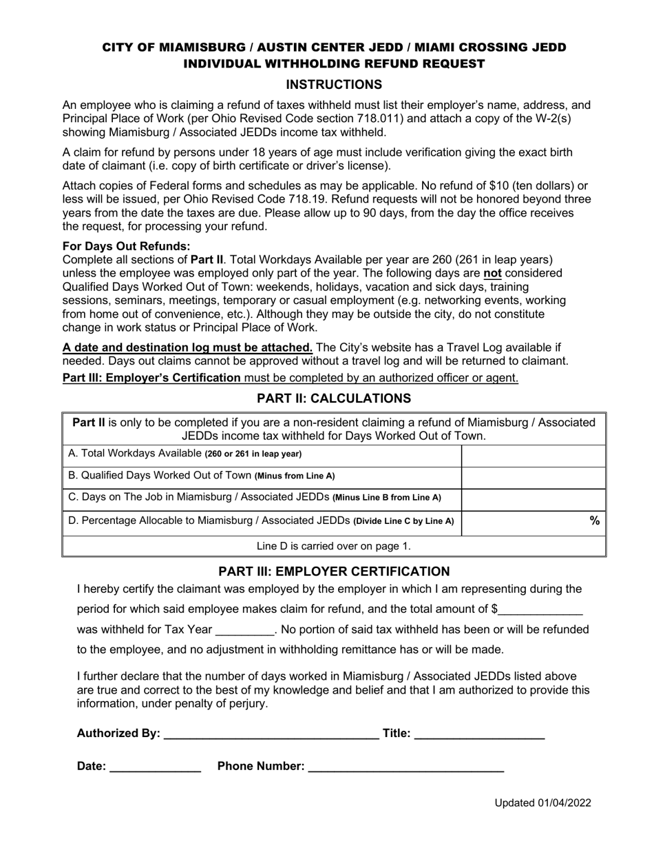 Individual Withholding Refund Request - City of Miamisburg, Ohio, Page 2