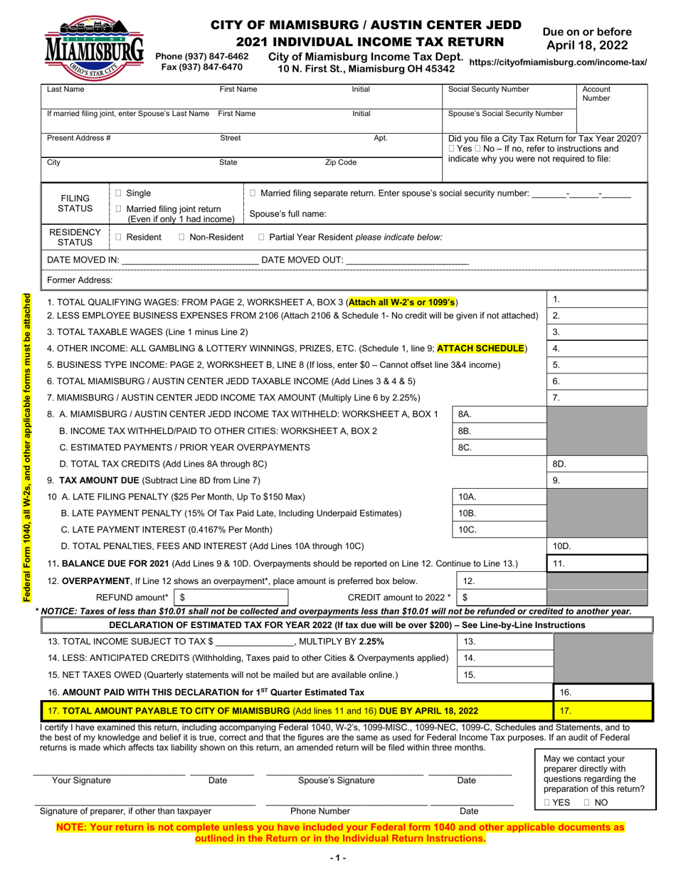 Individual Income Tax Return - City of Miamisburg, Ohio, Page 1