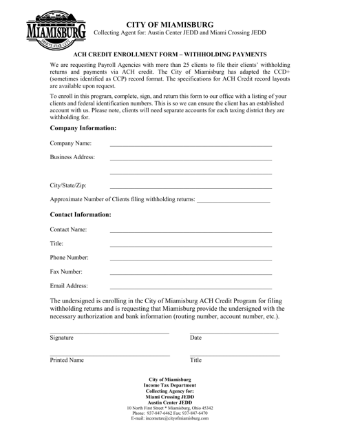ACH Credit Enrollment Form - Withholding Payments - City of Miamisburg, Ohio Download Pdf