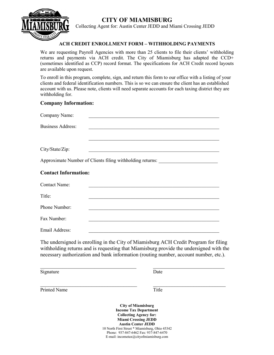 ACH Credit Enrollment Form - Withholding Payments - City of Miamisburg, Ohio, Page 1
