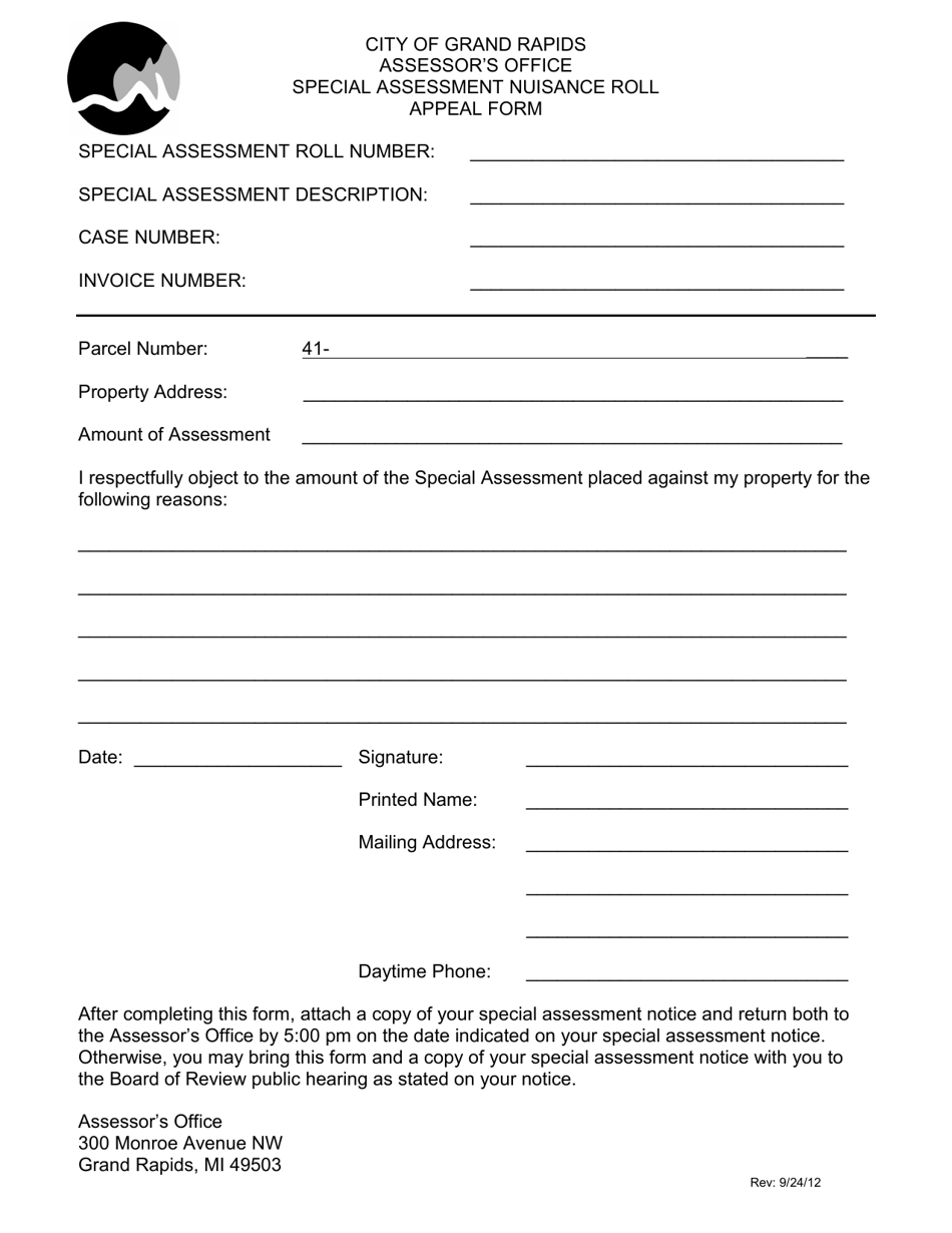 Special Assessment Nuisance Roll Appeal Form - City of Grand Rapids, Michigan, Page 1