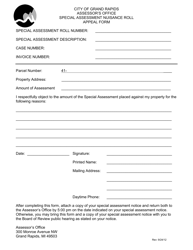 Document preview: Special Assessment Nuisance Roll Appeal Form - City of Grand Rapids, Michigan