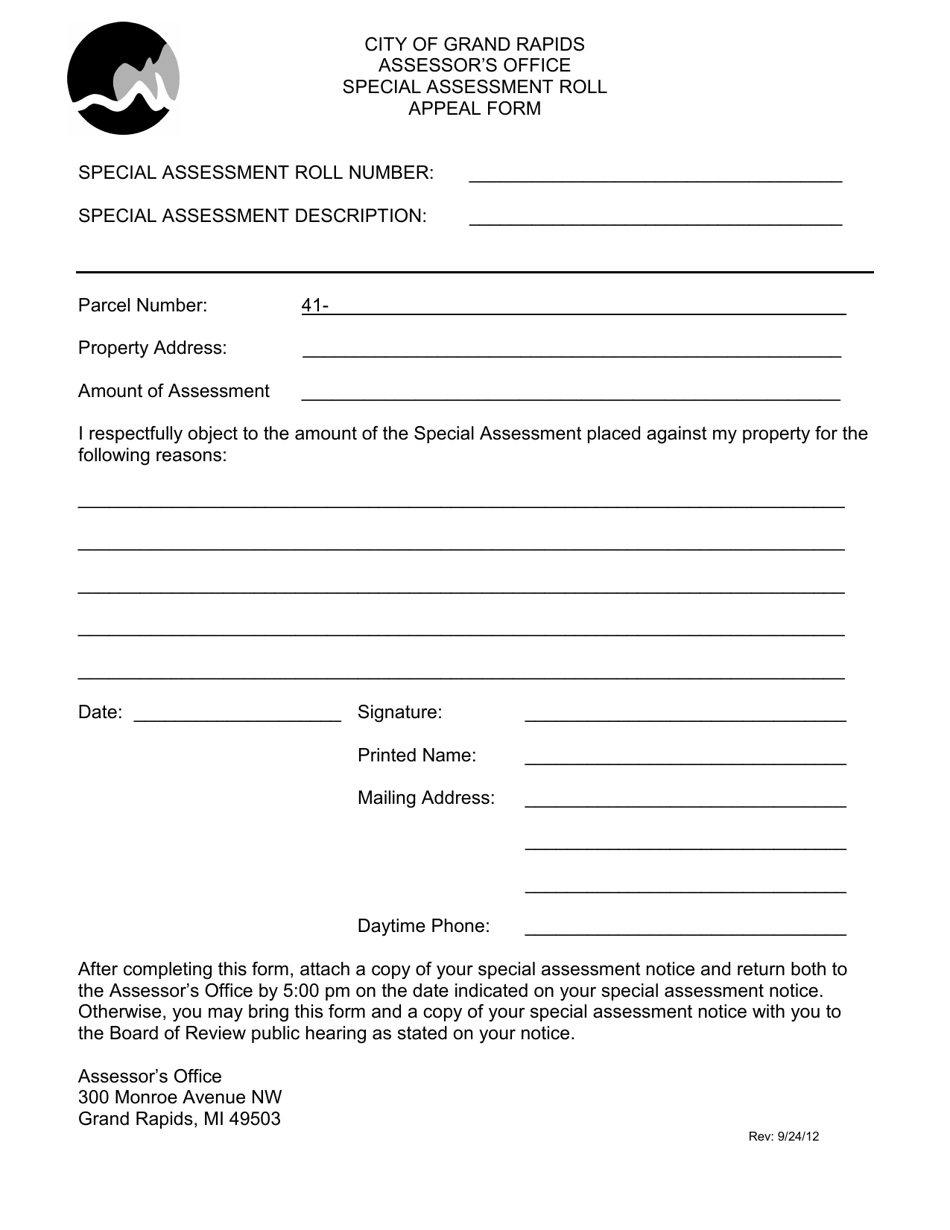 Special Assessment Roll Appeal Form - City of Grand Rapids, Michigan, Page 1