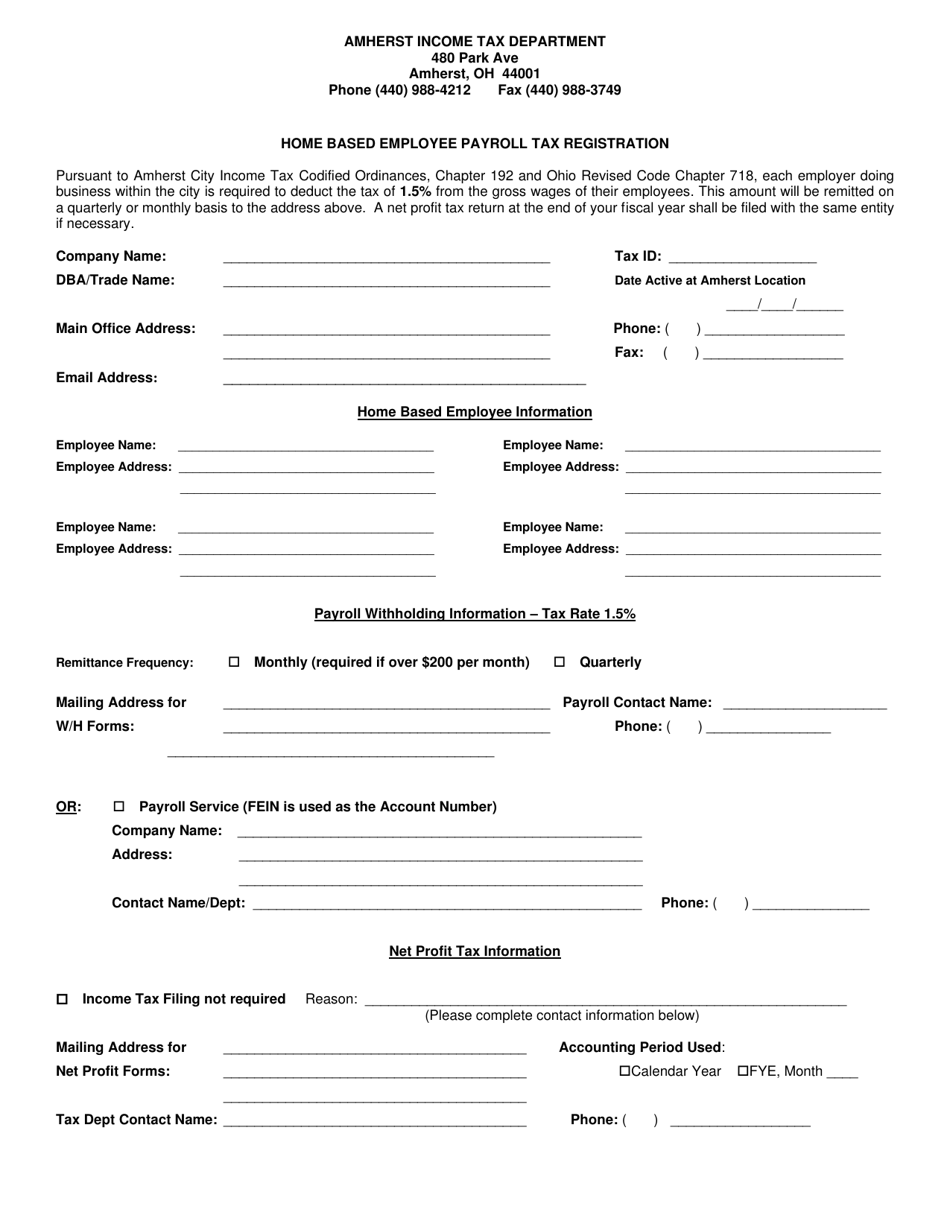 Home Based Employee Payroll Tax Registration - City of Amherst, Ohio, Page 1
