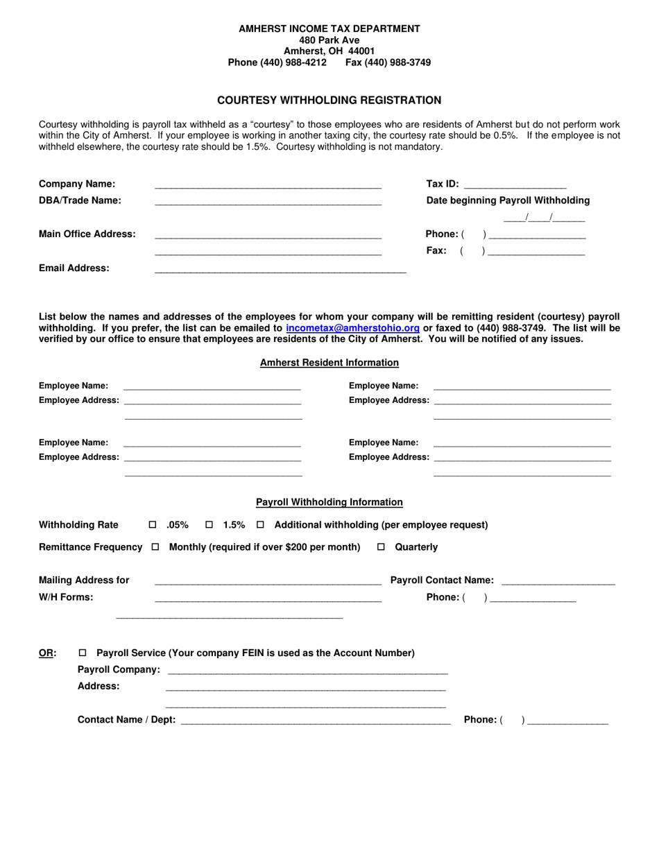 City of Amherst, Ohio Courtesy Withholding Registration Fill Out