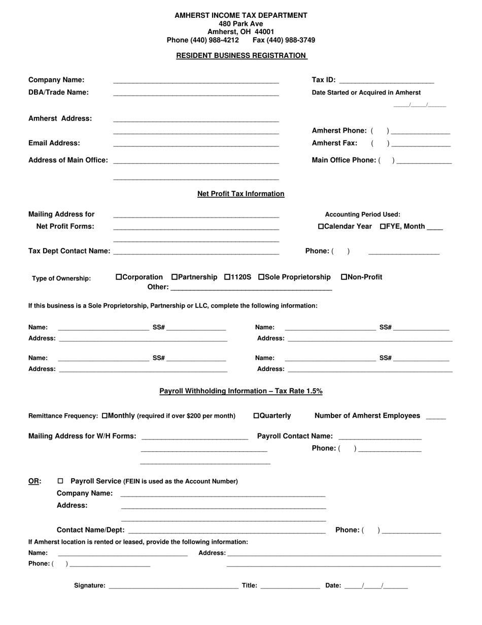Resident Business Registration - Amherst, Ohio, Page 1
