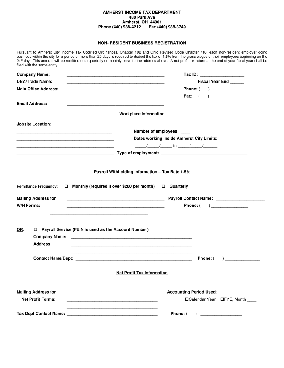 Image showcasing City of Amherst, Ohio Non-resident Business Registration - Fill Out ...